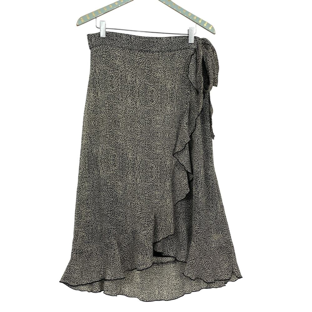 Joseph Ribkoff Skirt Size 10 Black Beige Animal Print Chiffon Faux Wrap Ruffle